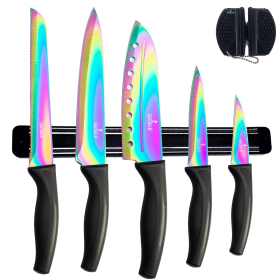 SiliSlick Kitchen Knife Set, Titanium Coated Stainless Steel Colorful Blades, Chef, Bread, Santoku Utility & Paring Knives